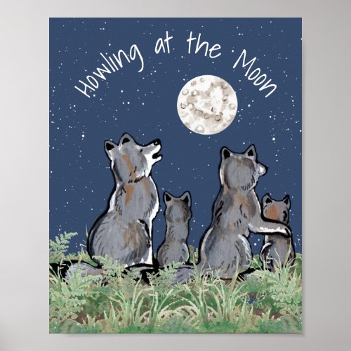 Wolves Wolf Howling at Moon Night Stars Custom Poster