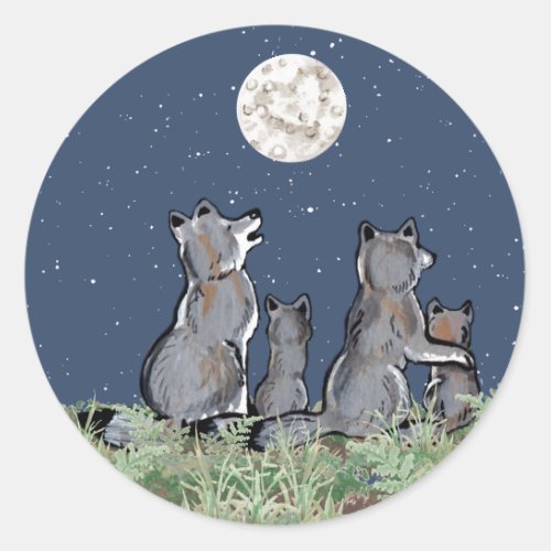 Wolves Wolf Pack Howling at Moon Night Stars Classic Round Sticker