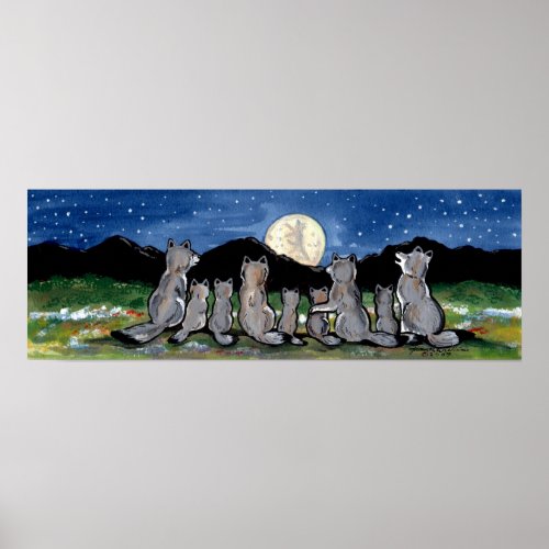 Wolves Wolf Pack Howling Moon Stars Night Poster