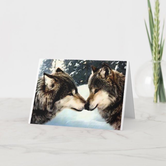 Wolves Wolf  Snow Winter Snow Couple Love Holiday Card (Front)
