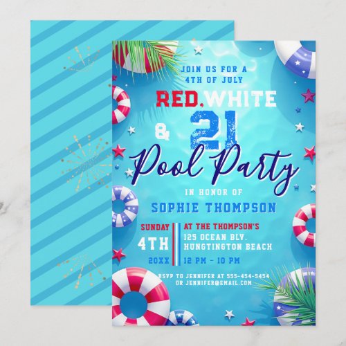 Woman 4th of July Pool Party Adult 21st Birthday Invitation