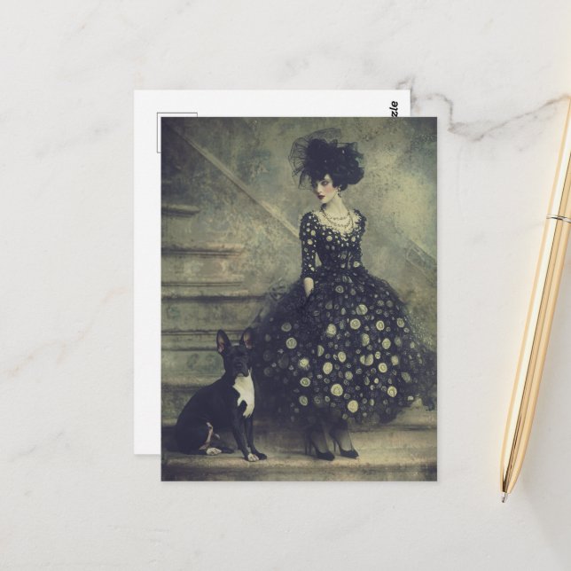 Woman and a Cute Dog on Stairs Postcard (Front/Back In Situ)