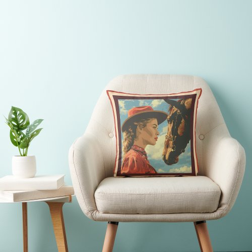 Woman and a Horse  Vintage Art  Throw Pillow