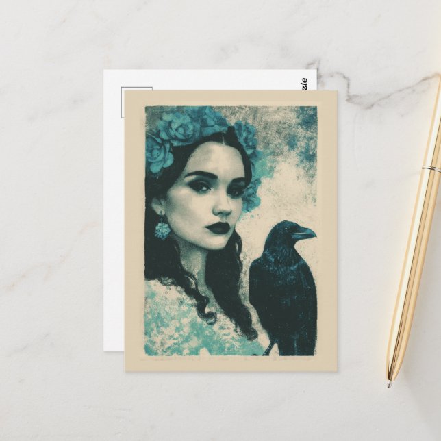 Woman and a Raven  Postcard (Front/Back In Situ)