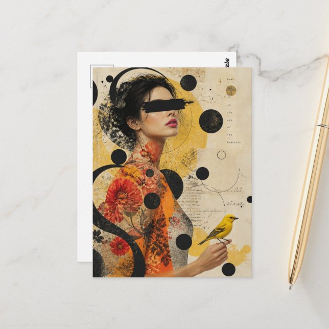 Woman and a Yellow Bird Collage Postcard (Front/Back In Situ)