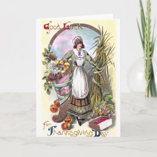 Woman and Autumn Bounty Vintage Thanksgiving Holiday Card