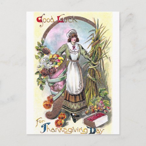 Woman and Autumn Bounty Vintage Thanksgiving Holiday Postcard