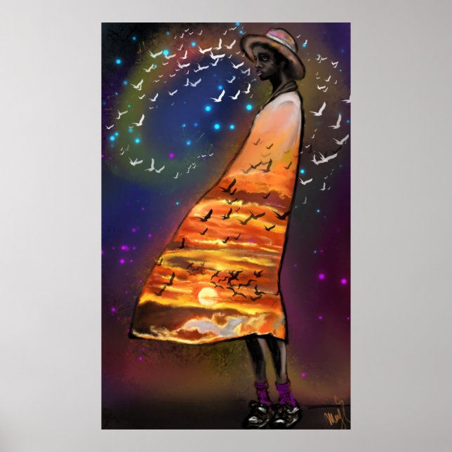 Woman and Birds Sunset Poster (Front)