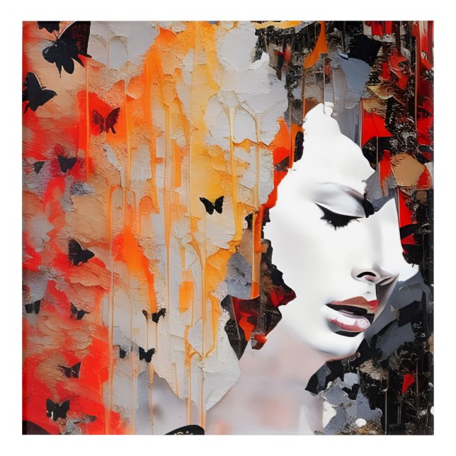 Woman and Butterflies Grunge Painting Acrylic Print (Front)