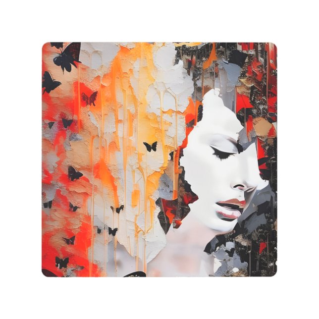 Woman and Butterflies Grunge Painting Metal Print (Front)