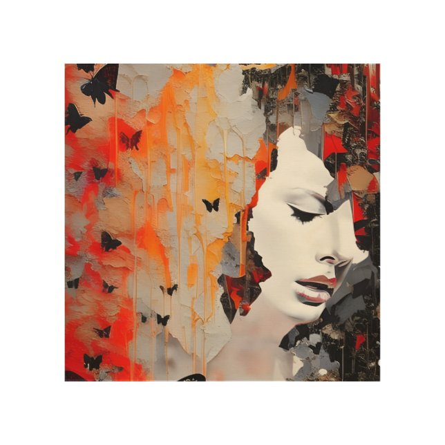 Woman and Butterflies Grunge Painting Wood Wall Art (Front)