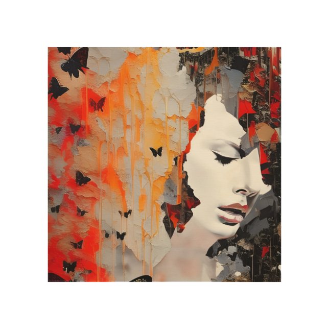  Woman and Butterflies Messy Painting Wood Wall Art (Front)
