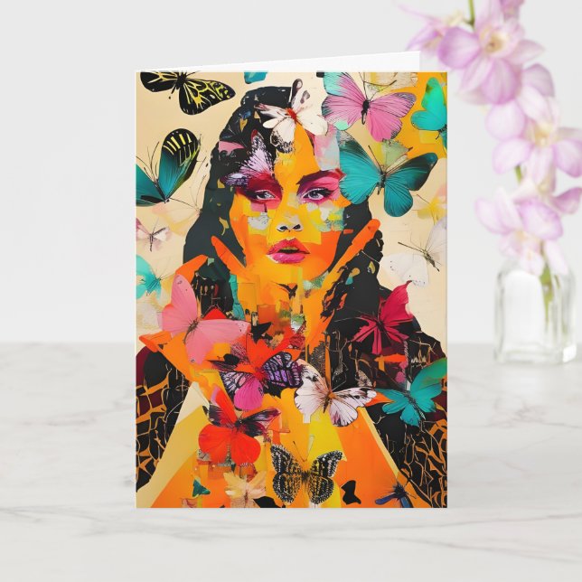 Woman and Butterflies Mixed Media Birthday Card (Orchid)