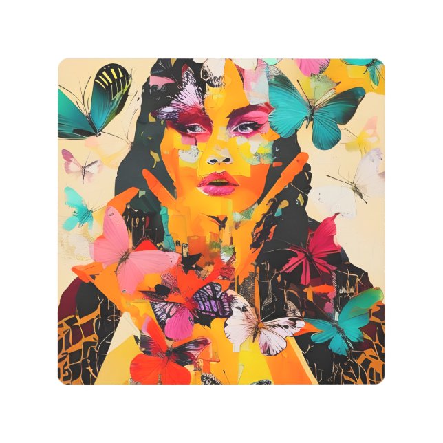 Woman and Butterflies Mixed Media Metal Print (Front)