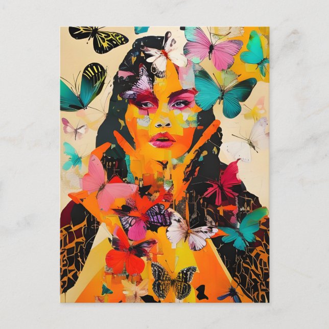 Woman and Butterflies Mixed Media Postcard (Front)