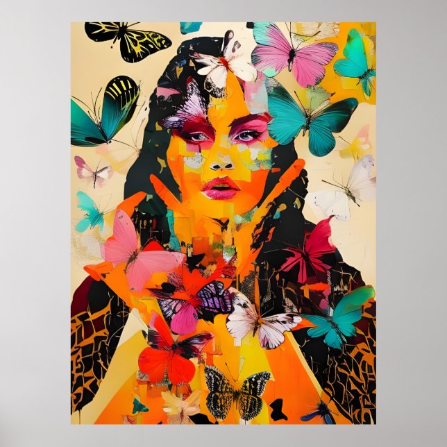 Woman and Butterflies Mixed Media Poster (Front)