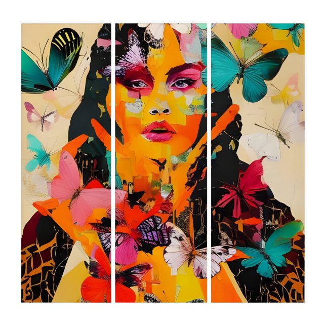 Woman and Butterflies Mixed Media Triptych (Front)