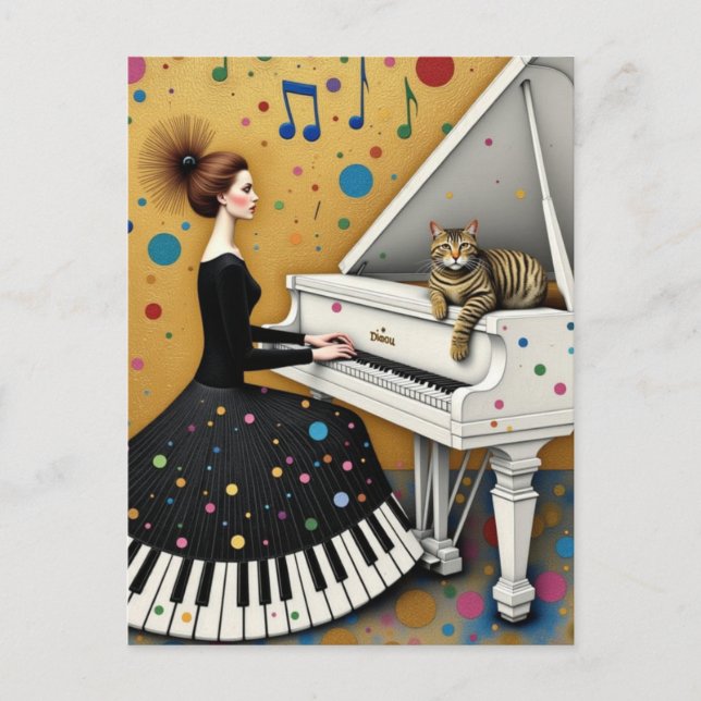 Woman and Cat at Piano Surreal Postcard (Front)