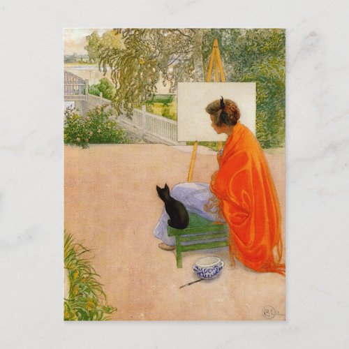 Woman and Cat Looking at Bridge Postcard