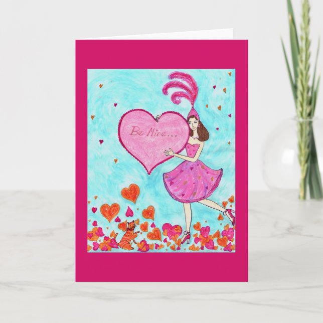 Woman and Cat Valentine's Greeting Card with Heart (Front)