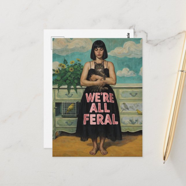 Woman and Cat We're All Feral Postcard (Front/Back In Situ)