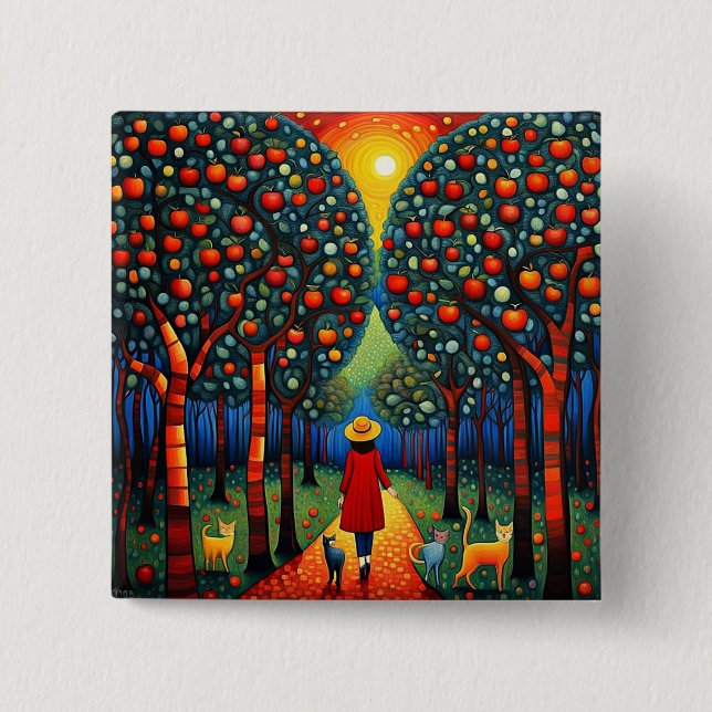 Woman and cats in Apple Orchard Button (Front)