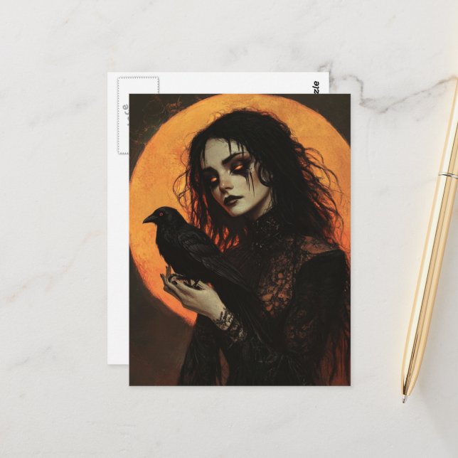Woman and Crow Horror Postcard (Front/Back In Situ)