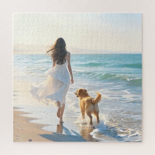 Woman and Dog Walking on the Beach at Sunset Jigsaw Puzzle