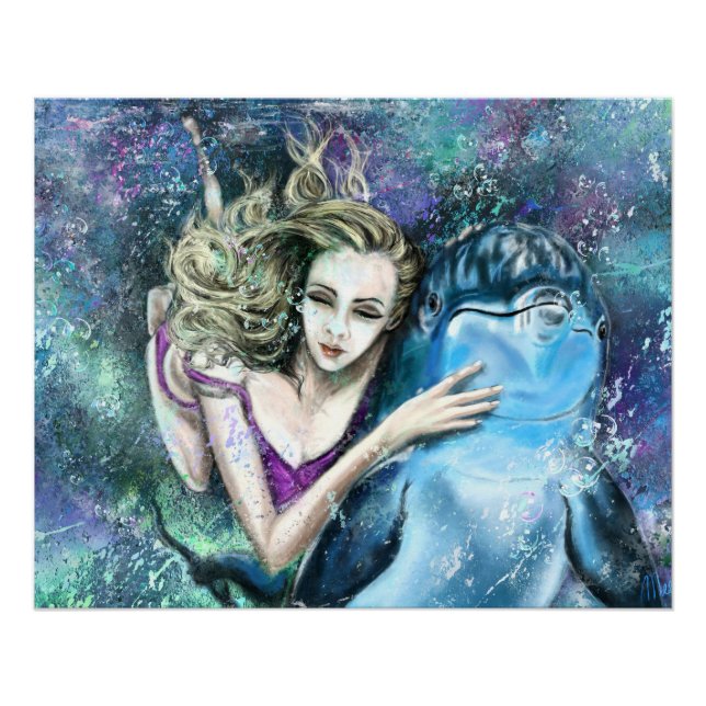 Woman and Dolphin Friends Poster - Painting (Front)