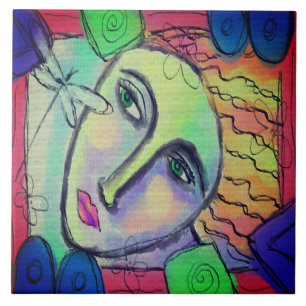 Woman and Dragonfly Abstract Art Ceramic Tile