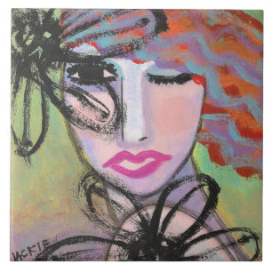 Woman and Flowers Abstract Painting Ceramic Tile