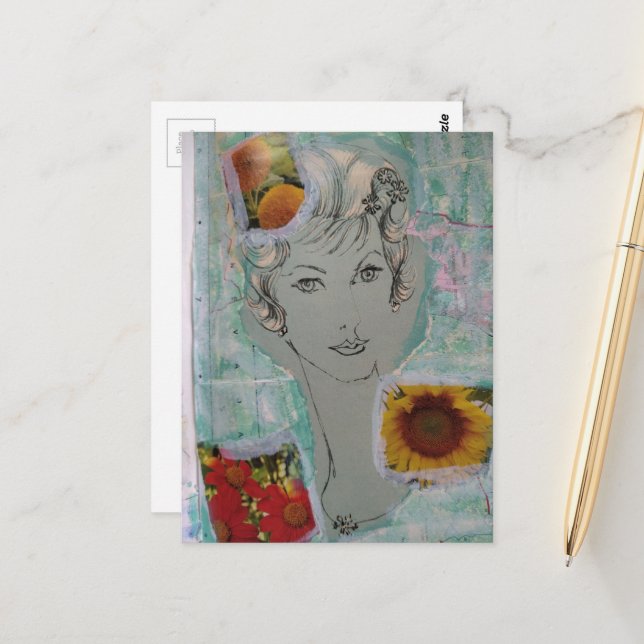  Woman and Flowers Retro Hair Style Collage Postcard (Front/Back In Situ)