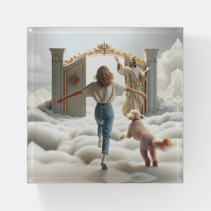 Woman and Labradoodle Entering Gate of Heaven Paperweight
