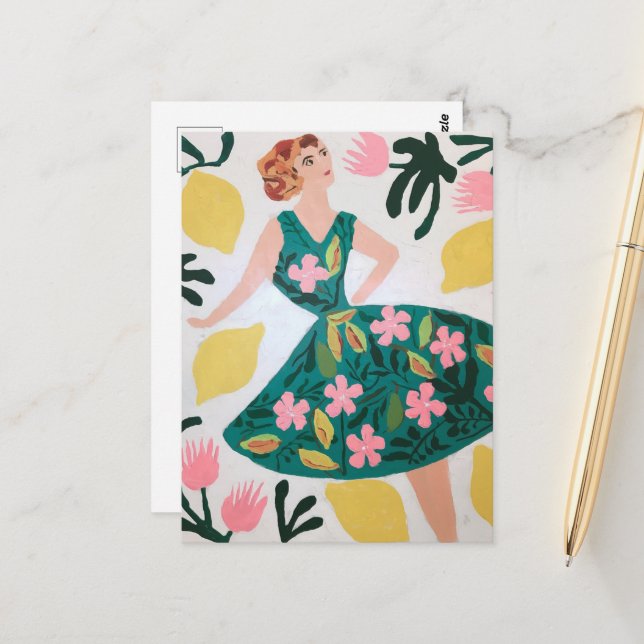 Woman and Lemons and Flowers Postcard (Front/Back In Situ)