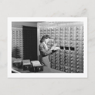 Woman and Library Card Catalog Vintage Inspired