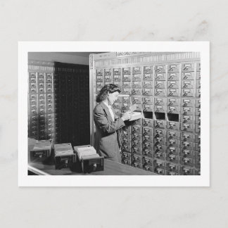 Woman and Library Card Catalog Vintage Inspired