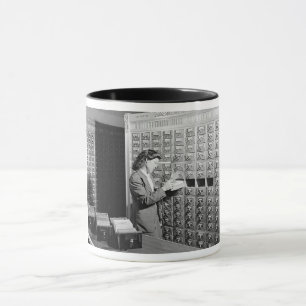 Woman and Library Card Catalog Vintage Mug