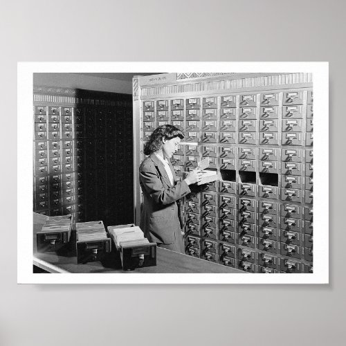 Woman and Library Card Catalog Vintage Poster
