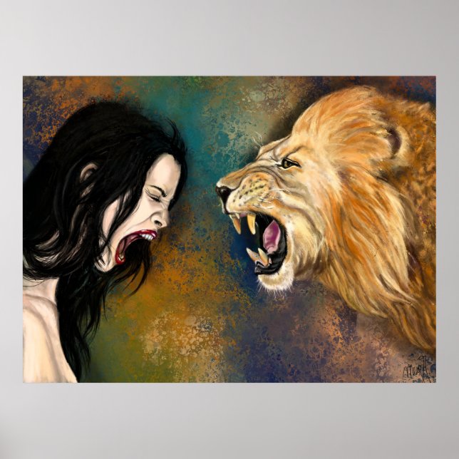 Woman and Lion Scream Poster - Painting (Front)