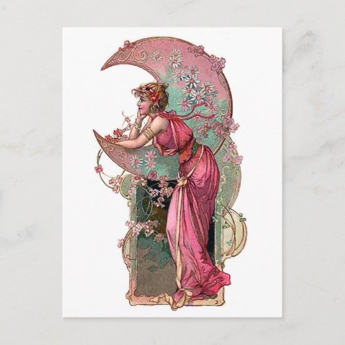 Woman and moon art nouveau romantic vintage postcard