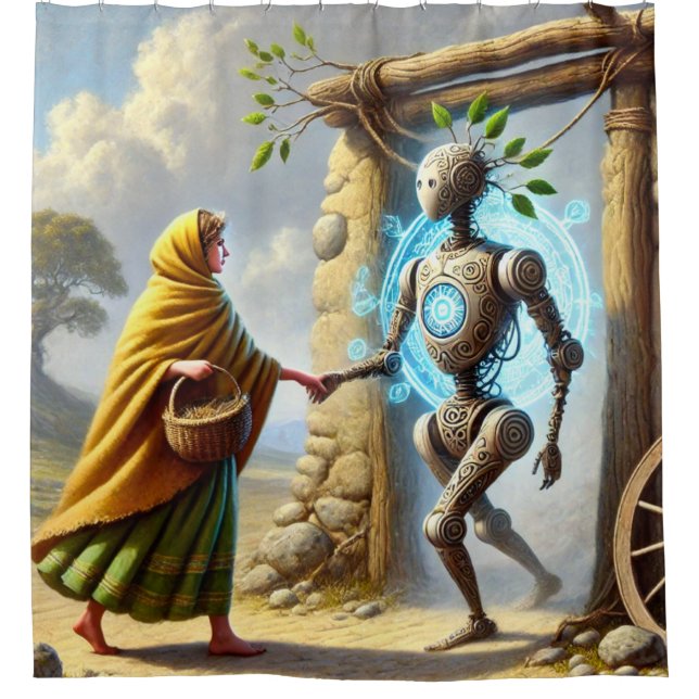 Woman and Robot Striking Portal Scene Shower Curtain (Front)