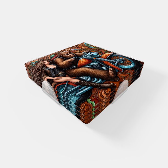Woman and Sasquatch on Motorcycle Coaster Set (Set)