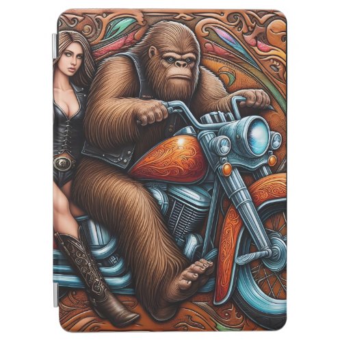 Woman and Sasquatch on Motorcycle iPad Air Cover