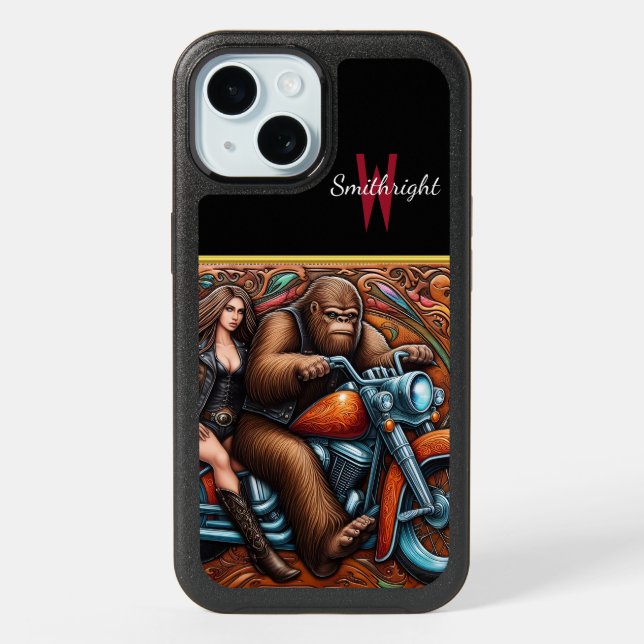 Woman and Sasquatch on Motorcycle iPhone 15 Case (Back)