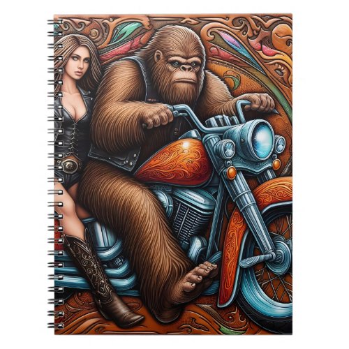 Woman and Sasquatch on Motorcycle Notebook