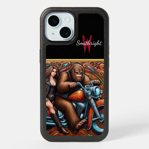 Woman and Sasquatch on Motorcycle iPhone 15 Case