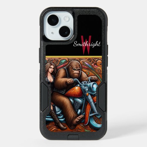 Woman and Sasquatch on Motorcycle iPhone 15 Case