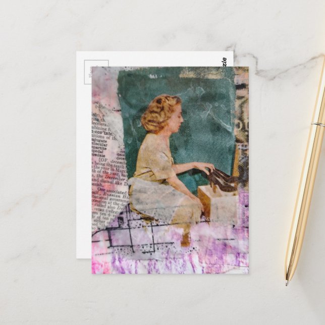 Woman and Shoes Mixed Media collage  Postcard (Front/Back In Situ)