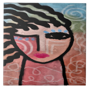 Woman and the Sun Abstract Digital Painting Ceramic Tile