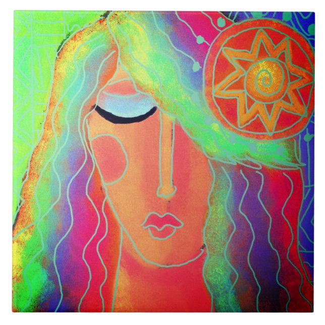 Woman and the Sun Abstract Digital Painting  Ceramic Tile (Front)